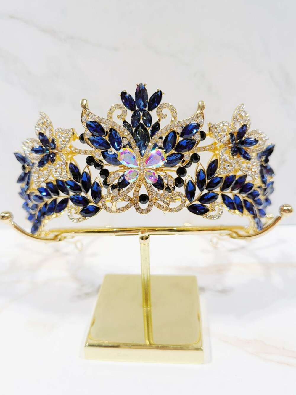 Navy Blue Crystal Butterfly Tiara Crown Gold Tone Pageant Prom Wedding Headpiece